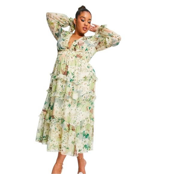ASOS Curve Dresses & Skirts - ASOS Curve Floral Maxi Dress Green Deep V Neck Lace Up Back 22